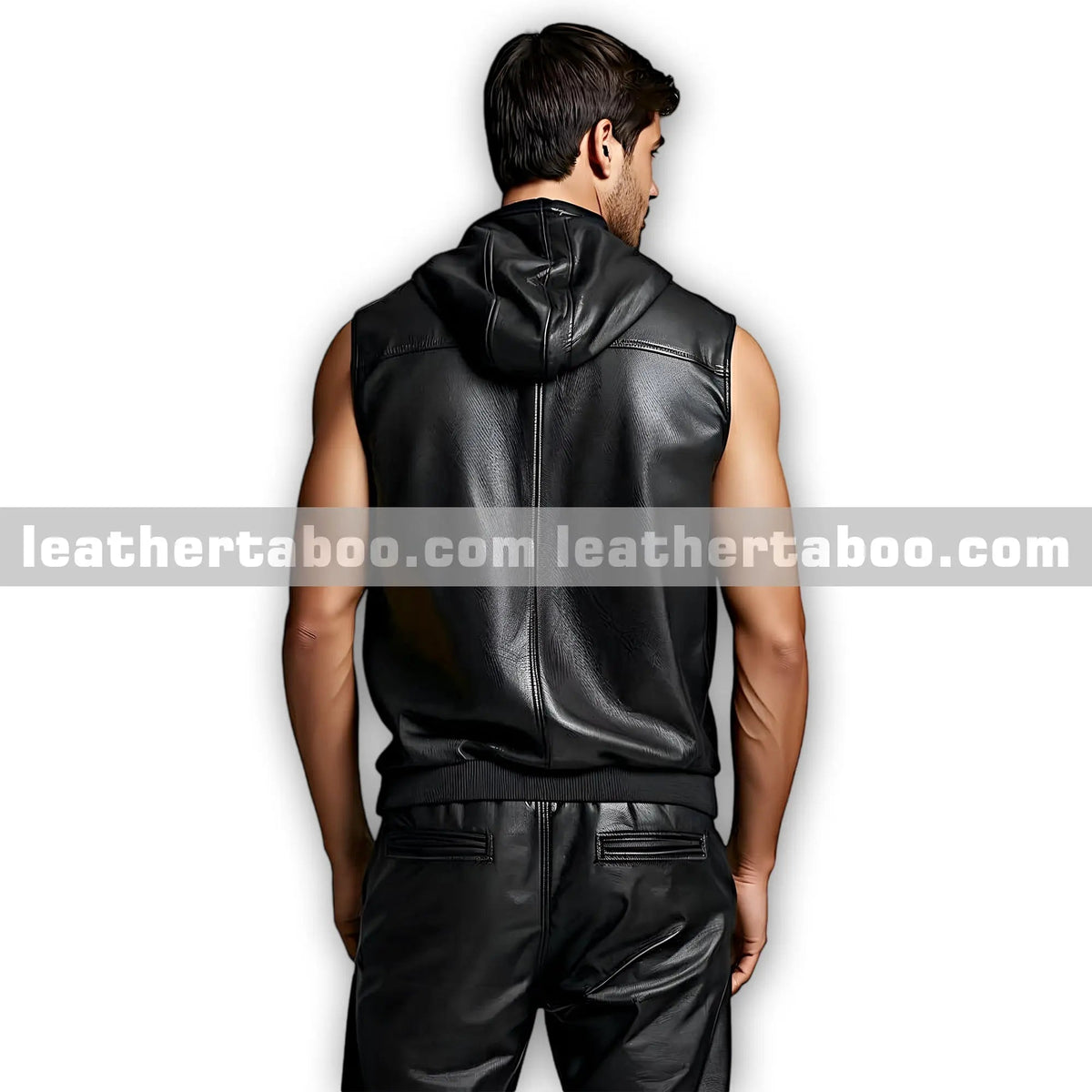 Men’s Leather Sleeveless Zip Hoodie and Pants | Stylish Black Sheepskin Tracksuit Outfit - Leather taboo