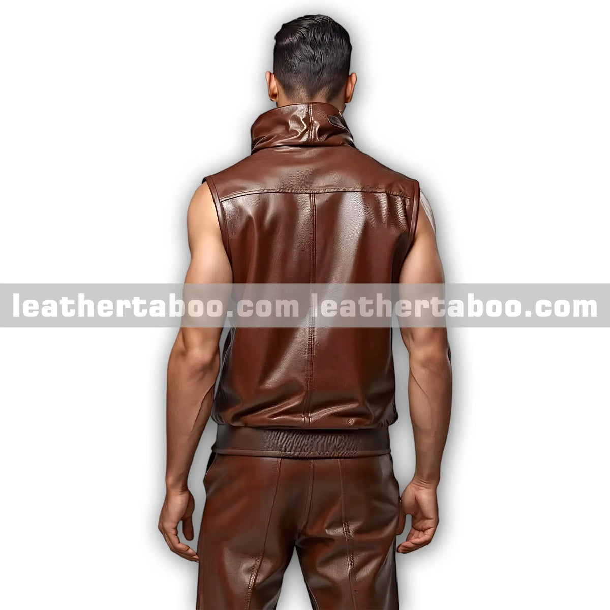 Men’s Brown Leather Sleeveless Hoodie and Jogger Pants | Premium Sheepskin Tracksuit Outfit - Leather taboo