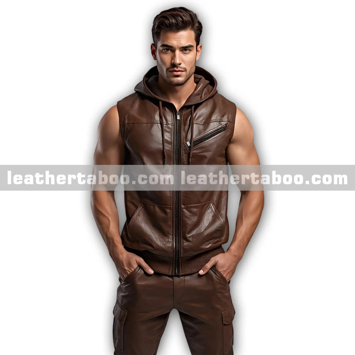 Men’s Brown Sheepskin Leather Hooded Vest and Trousers Outfit – Sleeveless Zipper Set - Leather taboo