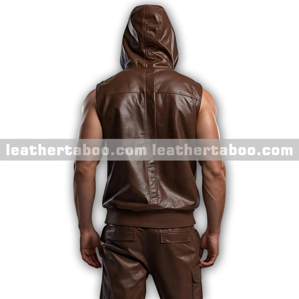 Men’s Brown Sheepskin Leather Sleeveless Hooded Vest and Trouser Outfit - Leather taboo