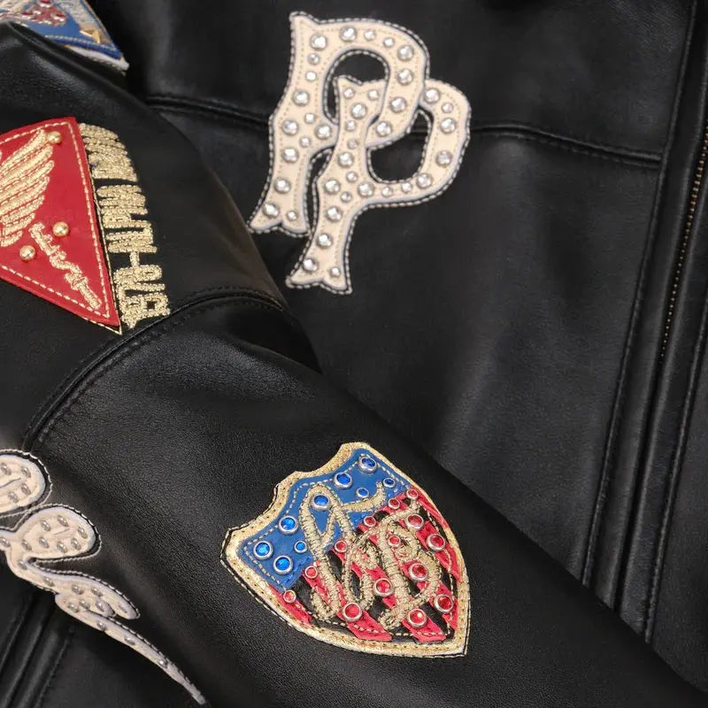 Women's Premium Black Cowhide Embroidered Bomber Leather Jacket with Style Badges & Street Patchwork, detail view 2