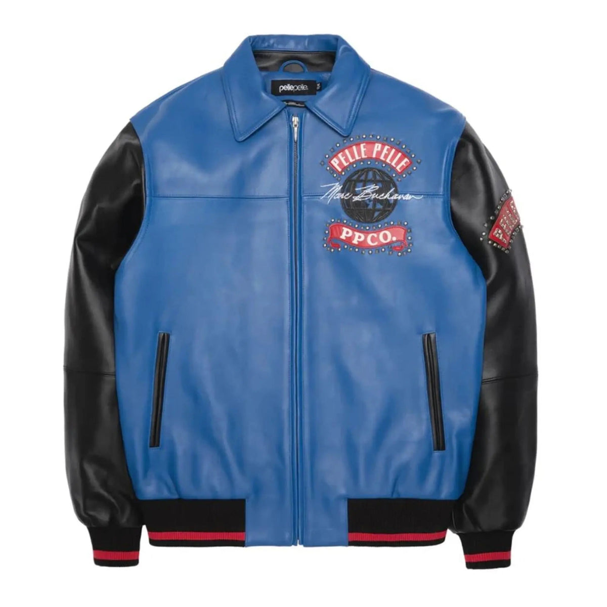 Premium Pelle Pelle Men’s Blue and Black Cowhide Leather Jacket | Bold Logo Patch with Modern Streetwear Design - Leather taboo