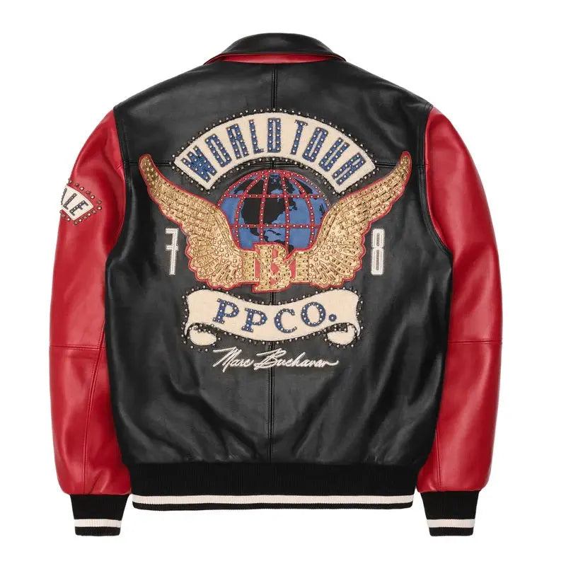 Men’s Premium Black & Red Cowhide Leather Jacket – Pelle Pelle Globe Logo & Studded Patch - Leather taboo