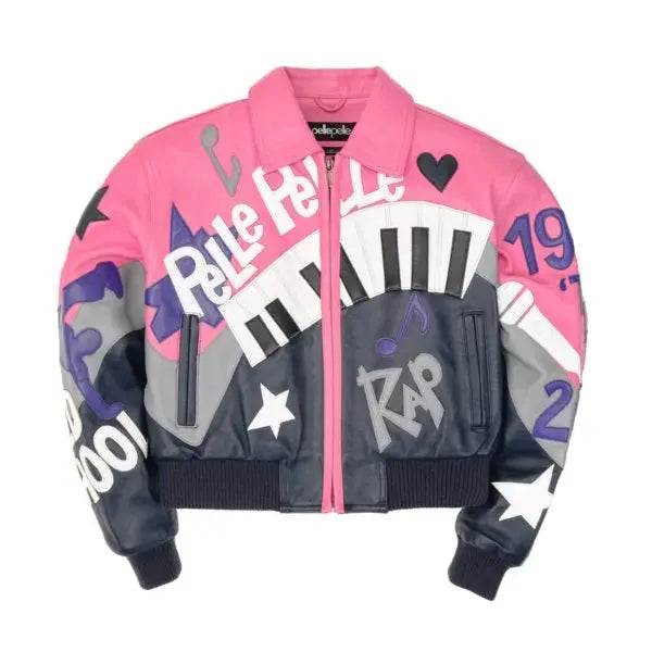 Retro Pink & Navy Music Themed Cowhide Leather Jacket for Women, front view