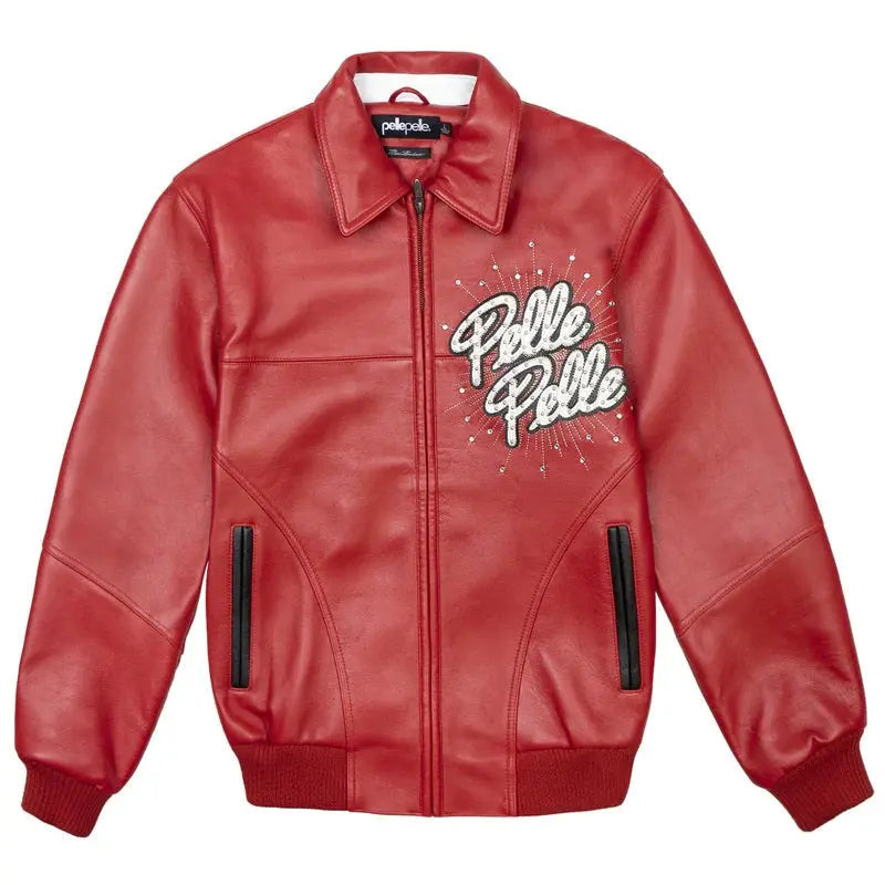 Men’s Red Pelle Pelle Leather Jacket – Premium Cowhide with Embroidered Logo - Leather taboo