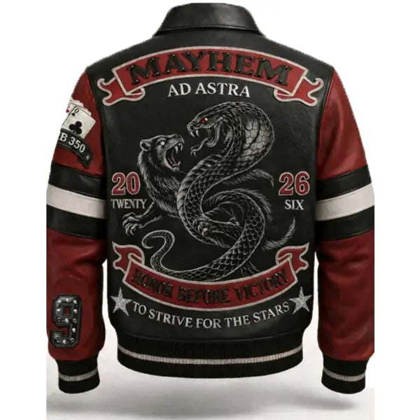 Mayhem Snake & Wolf Leather Varsity Jacket, back view