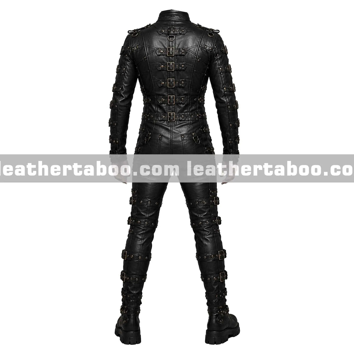 Black leather harness outfit with buckle straps