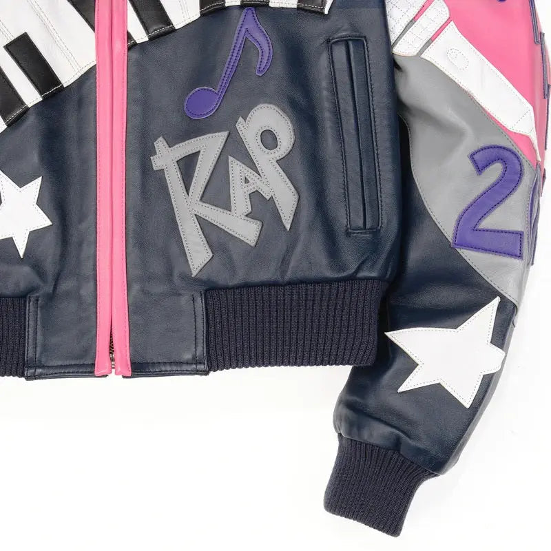 Retro Pink & Navy Music Themed Cowhide Leather Jacket for Women, back view