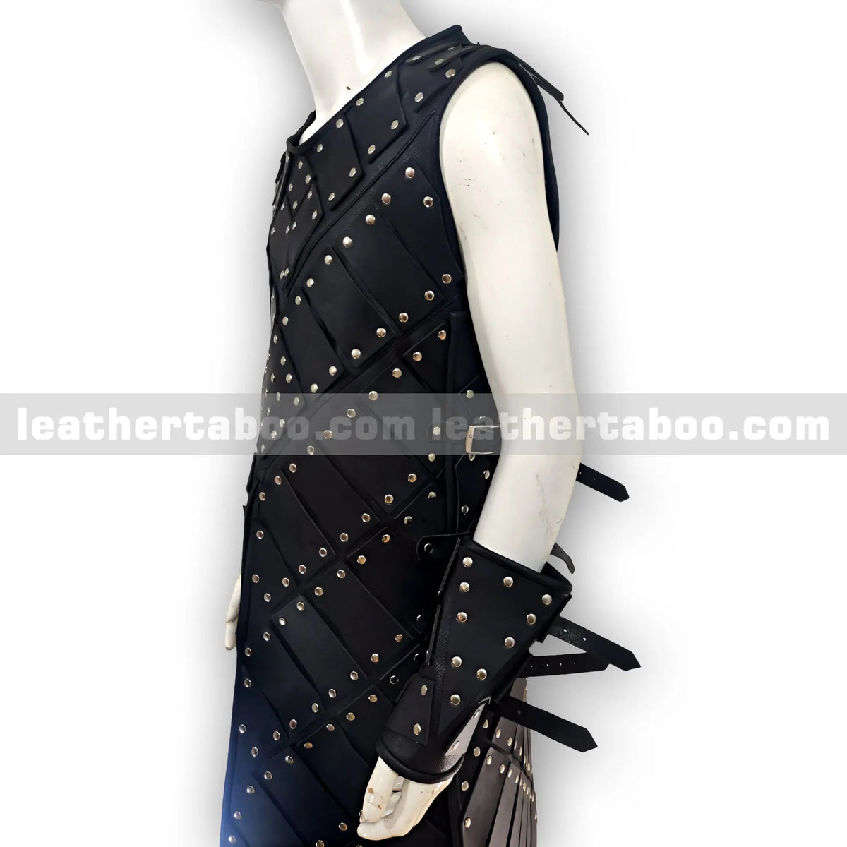 Black Studded Leather Warrior Armor Vest with Arm Bracers – Medieval Style Costume for Men - Leather taboo