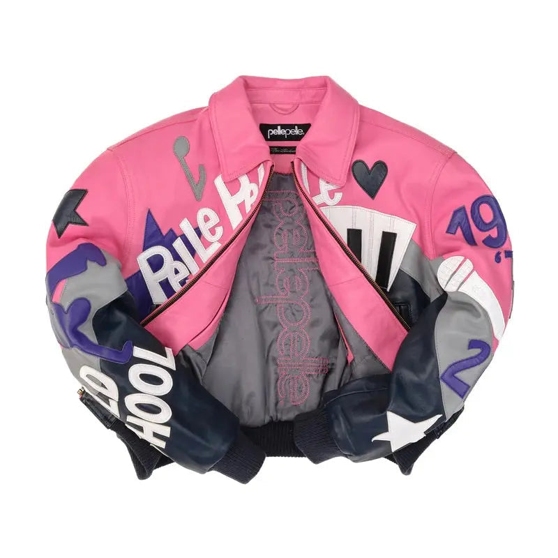 Retro Pink & Navy Music Themed Cowhide Leather Jacket for Women, side view