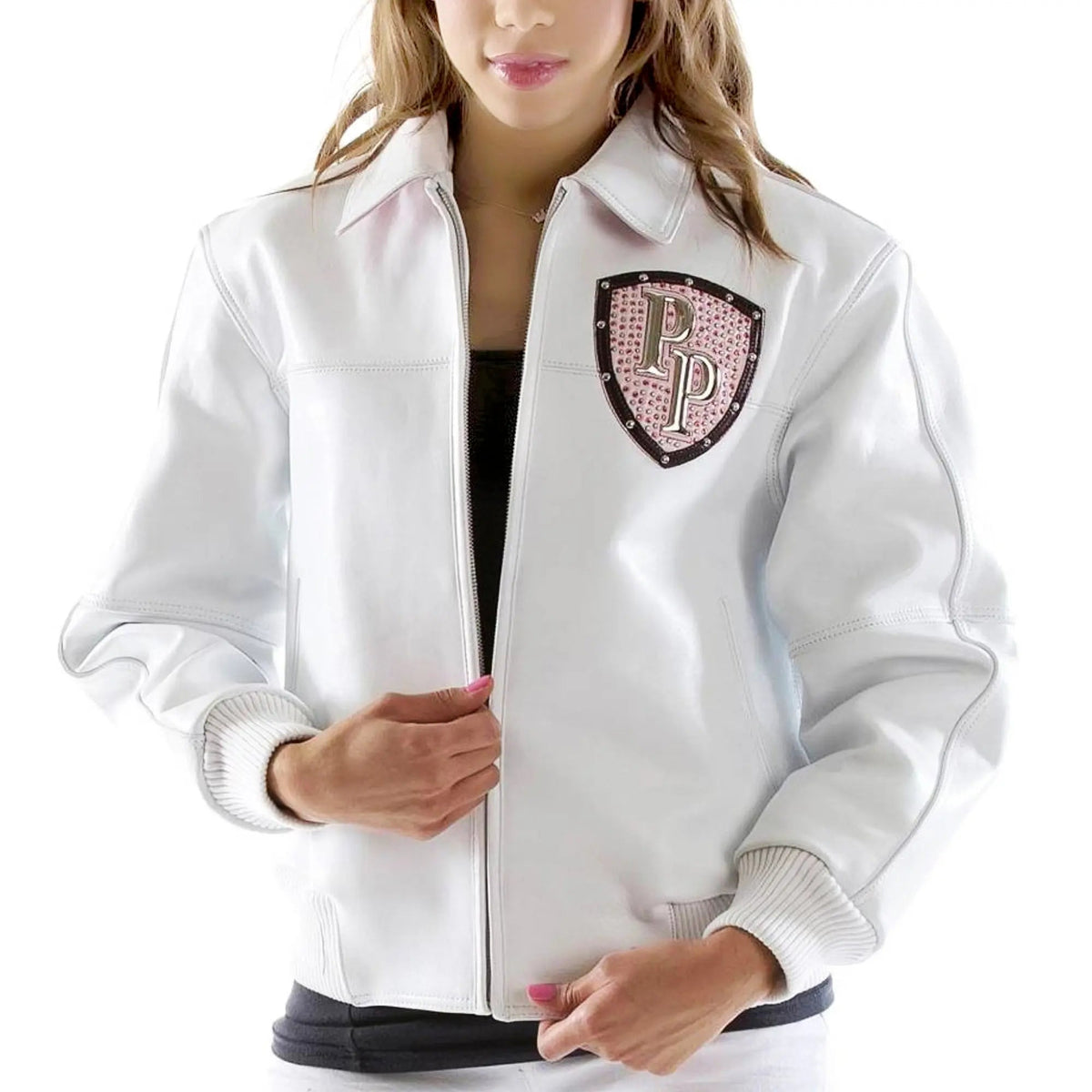 Women's Premium Pink Studded Shield Cowhide White Leather Jacket, front view