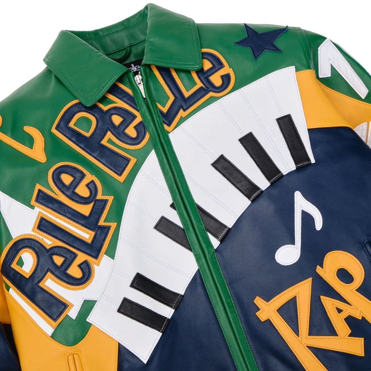 Men’s Pelle Pelle 50 Years of Hip Hop Jacket – Premium Cowhide Leather Bomber in Green & Navy with Bold Rap-Inspired Graphics - Leather taboo