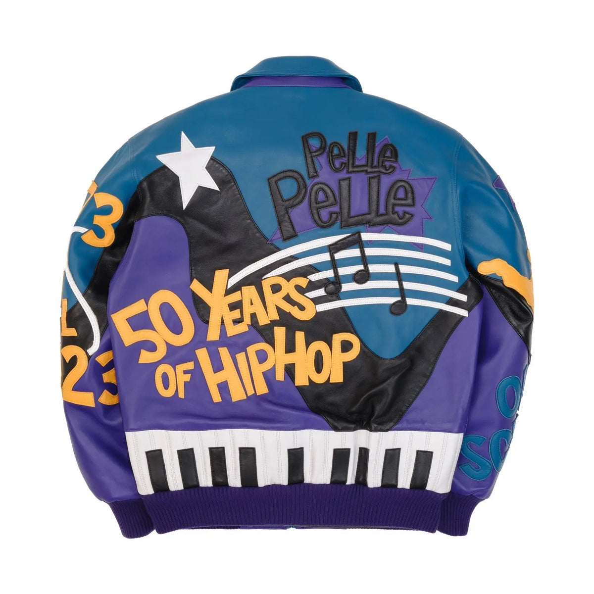Men’s Pelle Pelle 50 Years of Hip Hop Leather Jacket – Purple & Blue Cowhide Bomber with Bold Music Graphics - Leather taboo