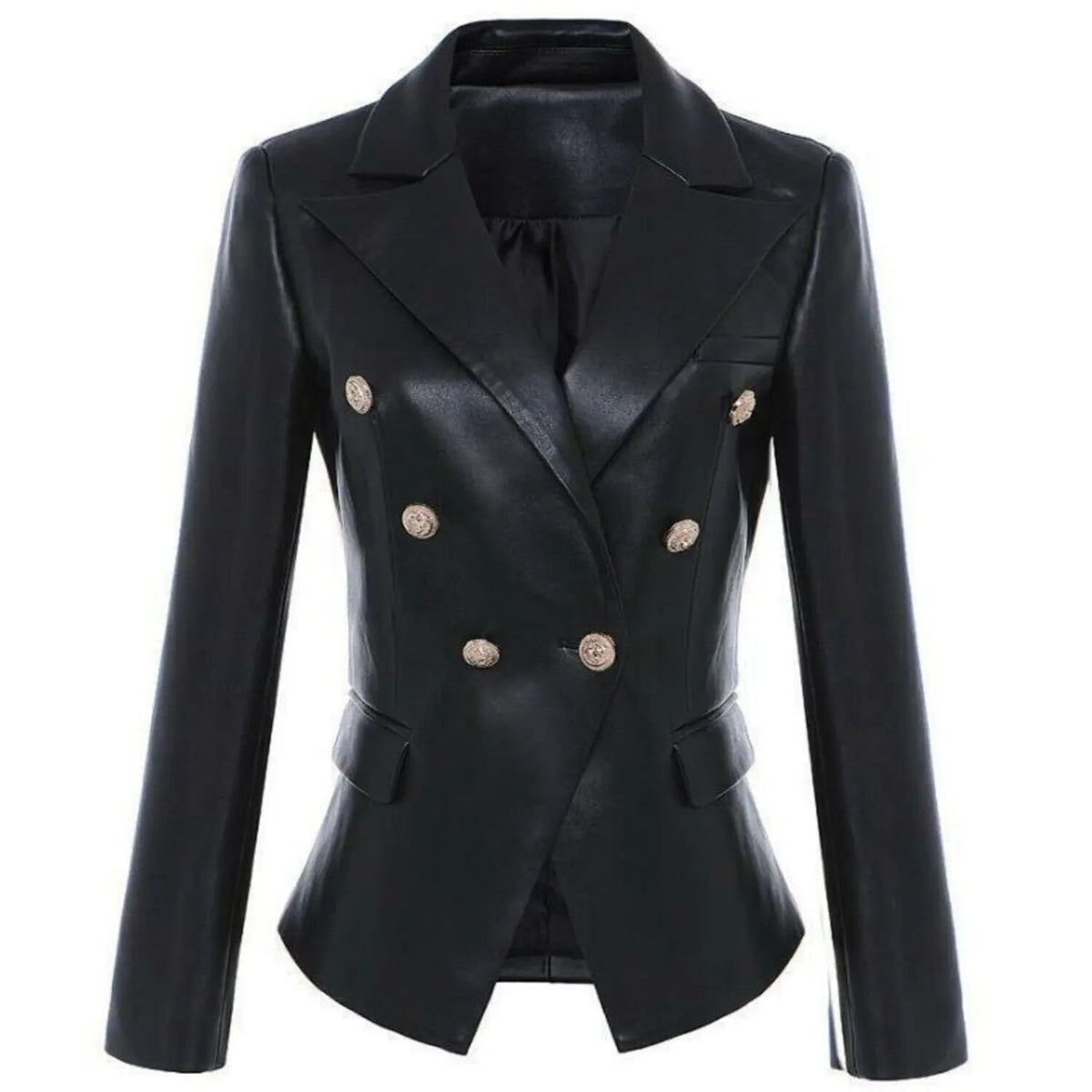 Women's Handmade Double Breasted Leather Coat Stylish Gold Buttons Casual Jacket