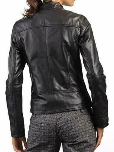 Women's Genuine Black Real Leather Motorcycle Jacket - Slim Fit Biker Jacket, back view