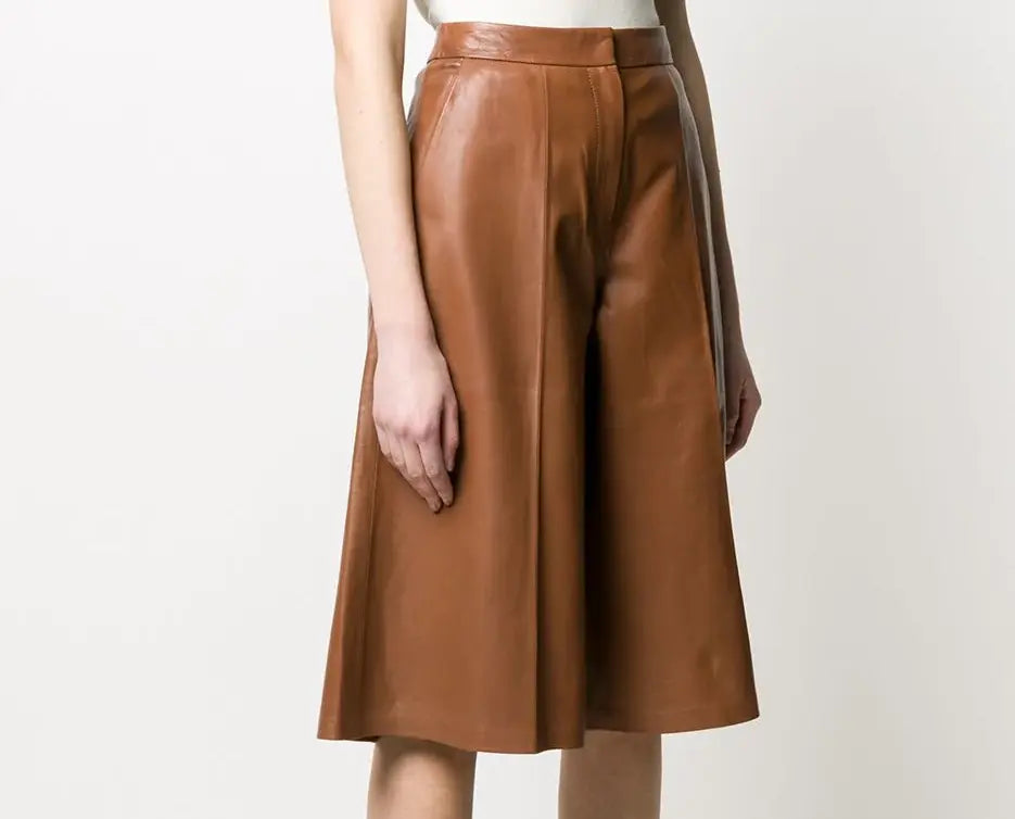 Women’s Genuine Leather Culottes Pants (High-Rise Wide Leg Shorts)