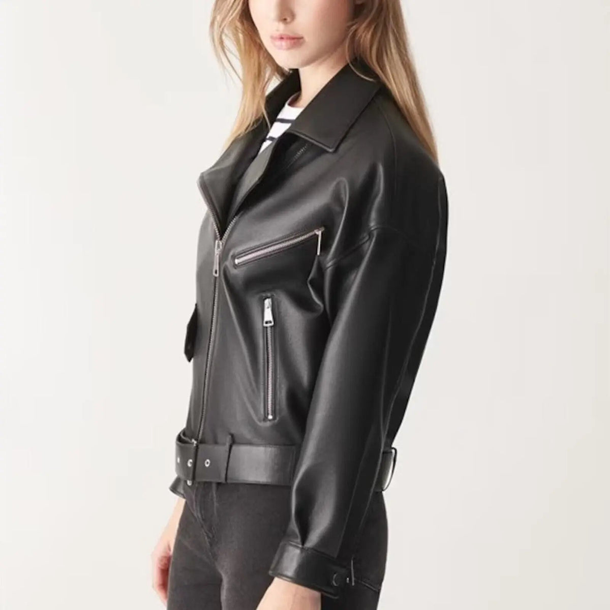 Women's Black Genuine Leather Slim Crop Biker Jacket, detail view 2