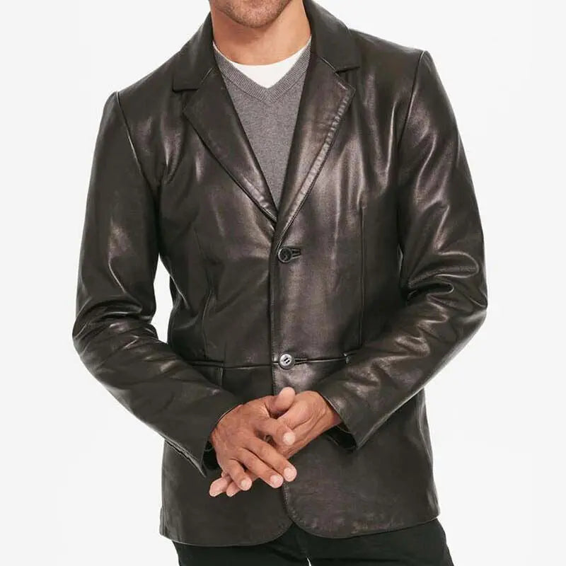Men's Two Buttons Black Leather Blazer