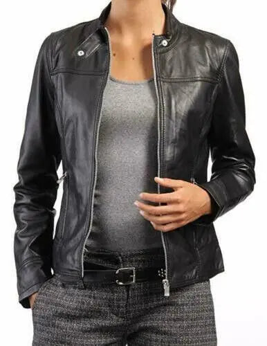 Women's Genuine Black Real Leather Motorcycle Jacket - Slim Fit Biker Jacket, front view