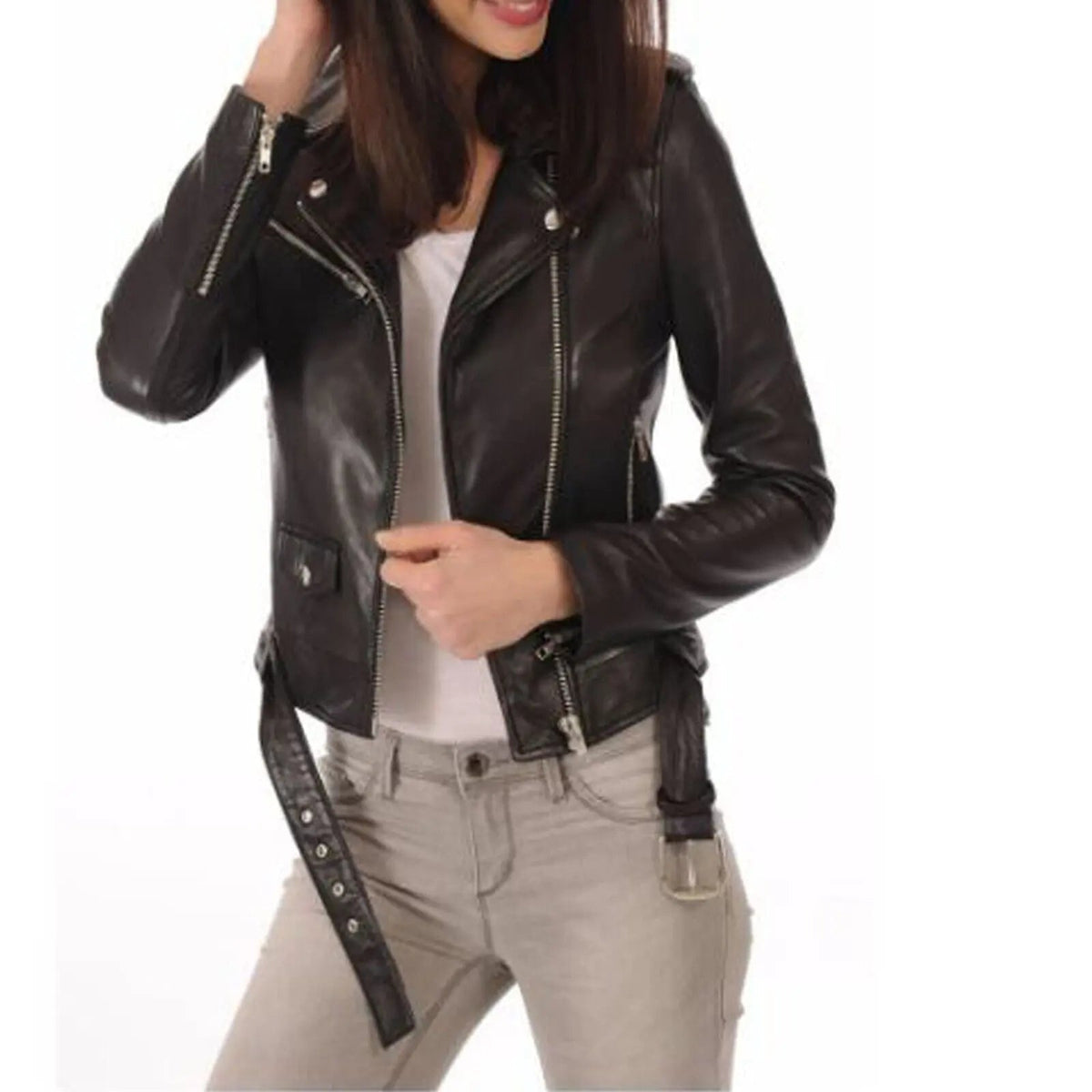 Women's Real Leather Biker Jacket - Motorcycle Slim Fitted Crop Jacket, front view