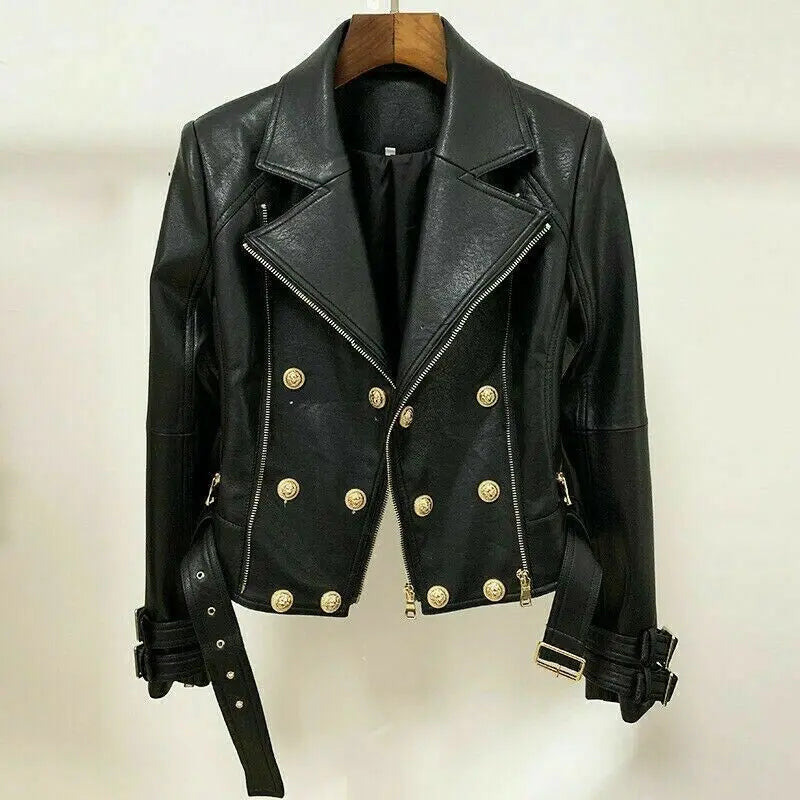Women’s Double-Breasted Leather Blazer (Biker Style with Gold Buttons), front view