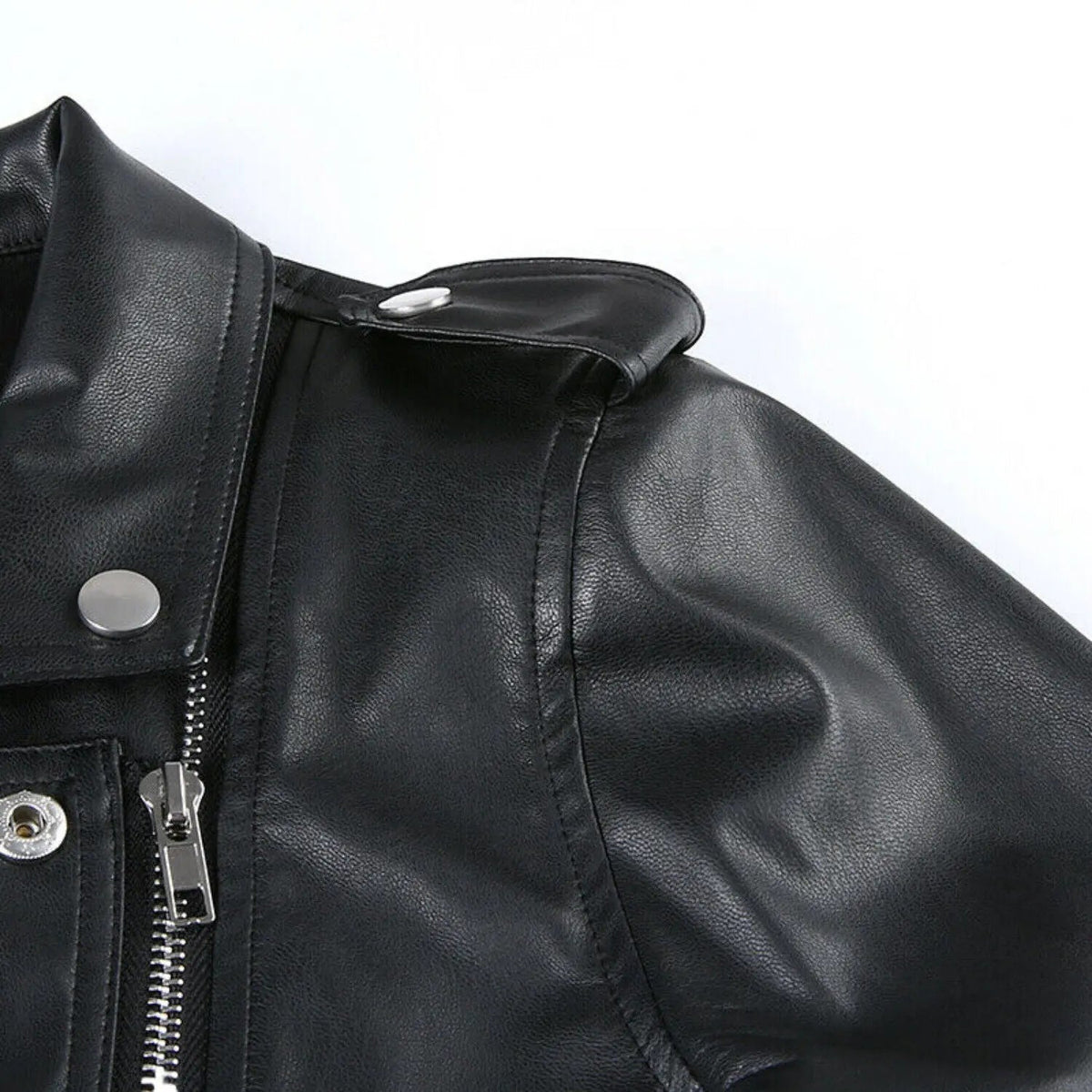 Women's Real Leather Short Motorcycle Jacket - Gothic Black Punk Lapel Collar, collar detail 3