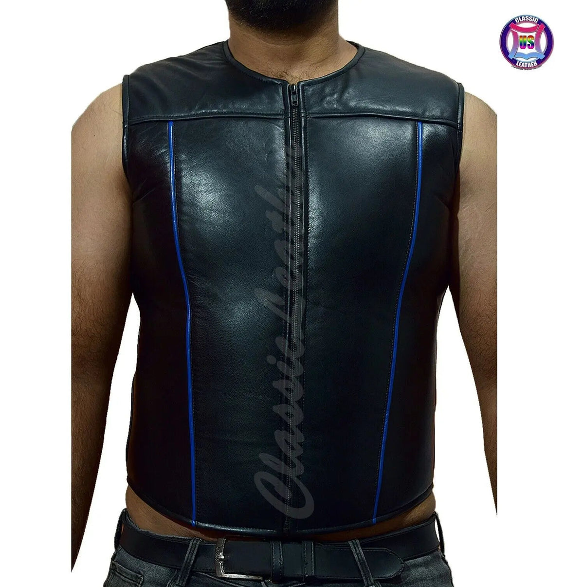 Men’s Black Real Leather Sleeveless Waistcoat Vest with Zipper Closure & Blue Piping – Stylish Casual Biker Jacket