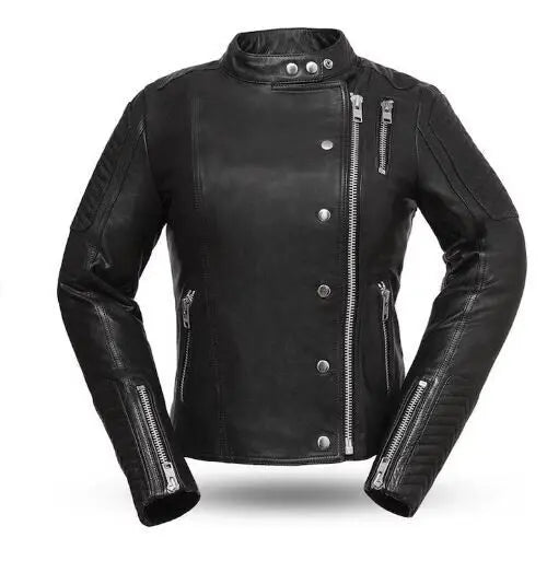 Women's Genuine Black Leather Motorcycle Jacket - Slim Fit Biker Jacket, front view