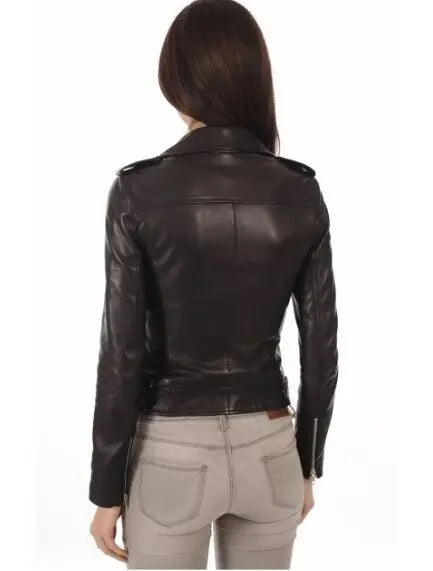 Women's Real Leather Biker Jacket - Motorcycle Slim Fitted Crop Jacket, back view