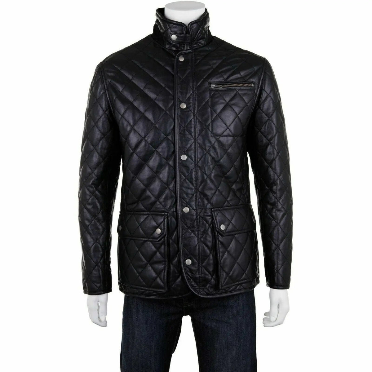 Men's Black Leather Quilted Trench Coat - Leather Jacket - Overcoat