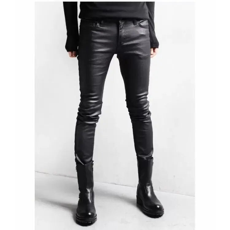 Mens street style black leather motorcycle pant Biker cafe racer skinny pants