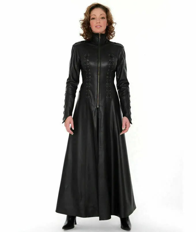 Real Leather Catsuit - Matrix Coat Zipper Sexy Long Dress - Custom Made Catsuit – front view