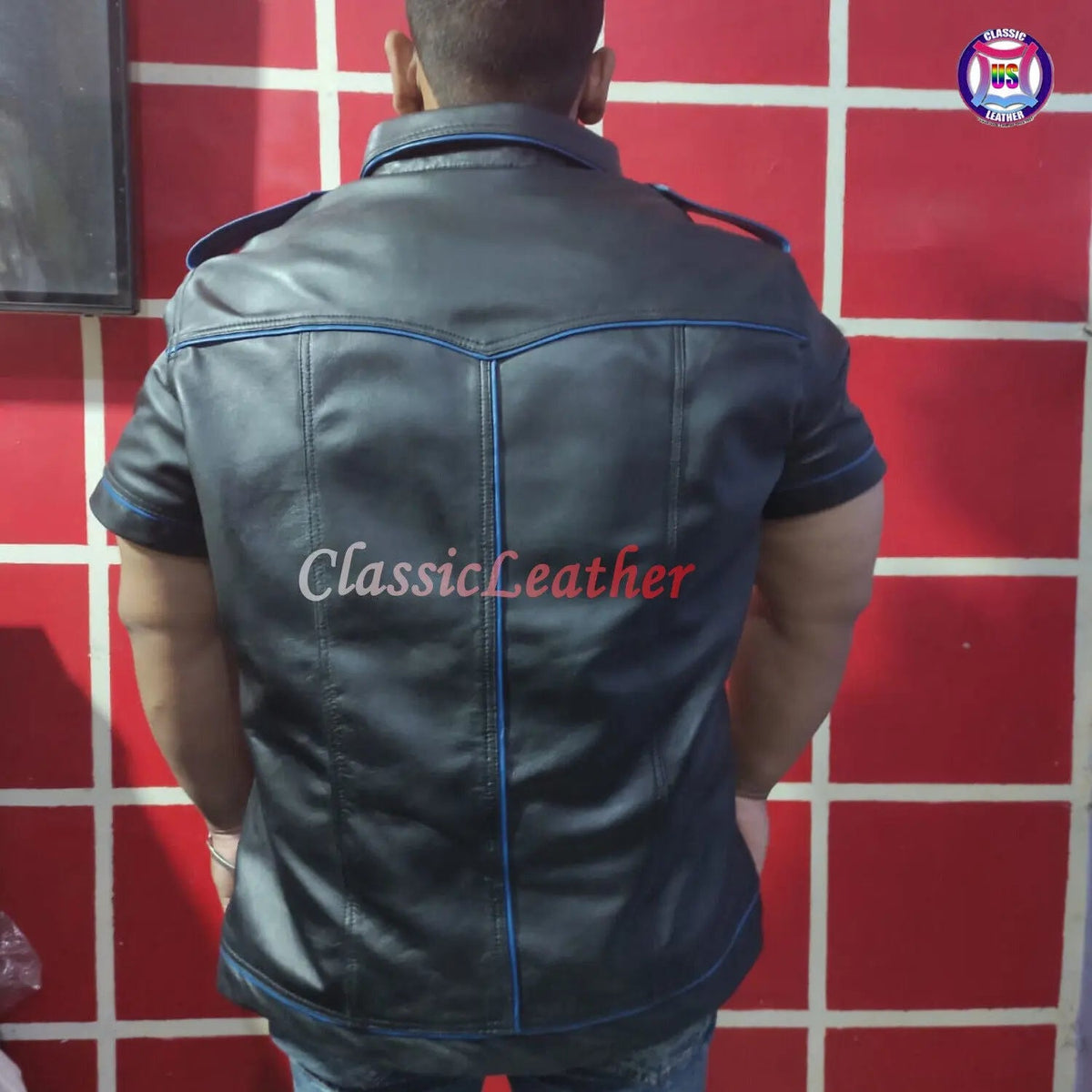 Gay Club Leather Shirt Black Shirt & Blue Pippin T-Shirt Clubwear Casual Jacket