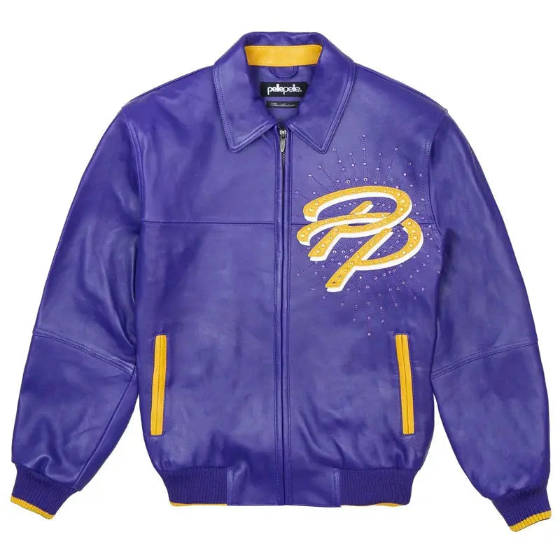 Purple Premium Cowhide Leather Jacket for Men with Yellow Embroidery and Rhinestone Accents - Leather Taboo