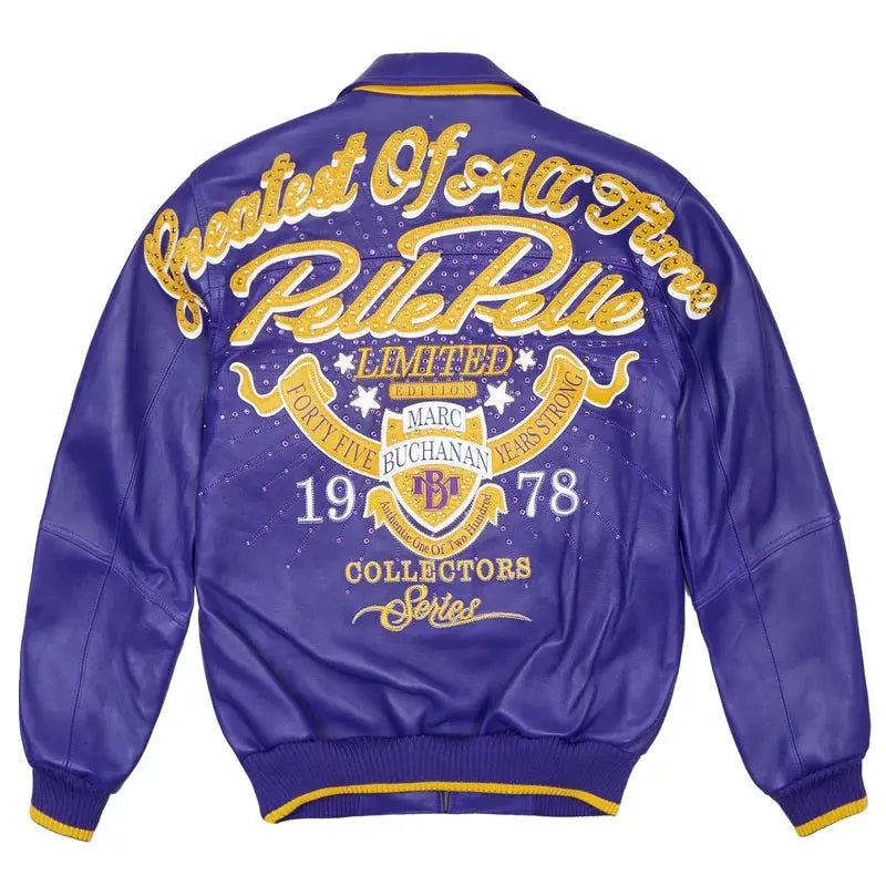 Purple Premium Cowhide Leather Jacket for Men, Side View with Yellow-Trimmed Pockets - Leather Taboo