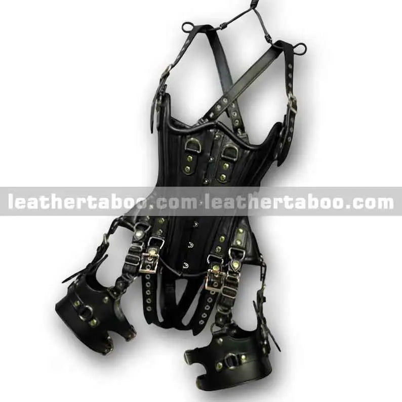 Sheepskin Leather Corset Set: Gothic Full-Body Harness with Straps Adjustable thigh belts – front view