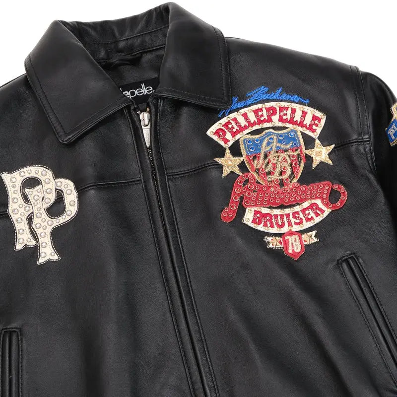 Women's Premium Black Cowhide Embroidered Bomber Leather Jacket with Style Badges & Street Patchwork, back view