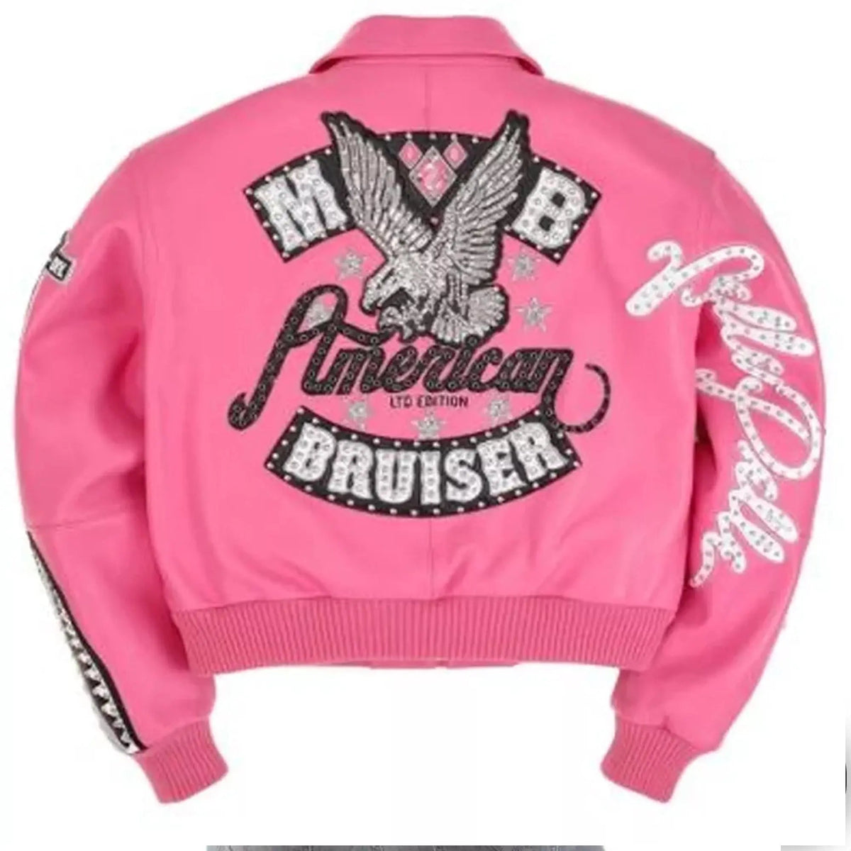 Women's American Bruiser Pink Plush Crop Leather Jacket, back view