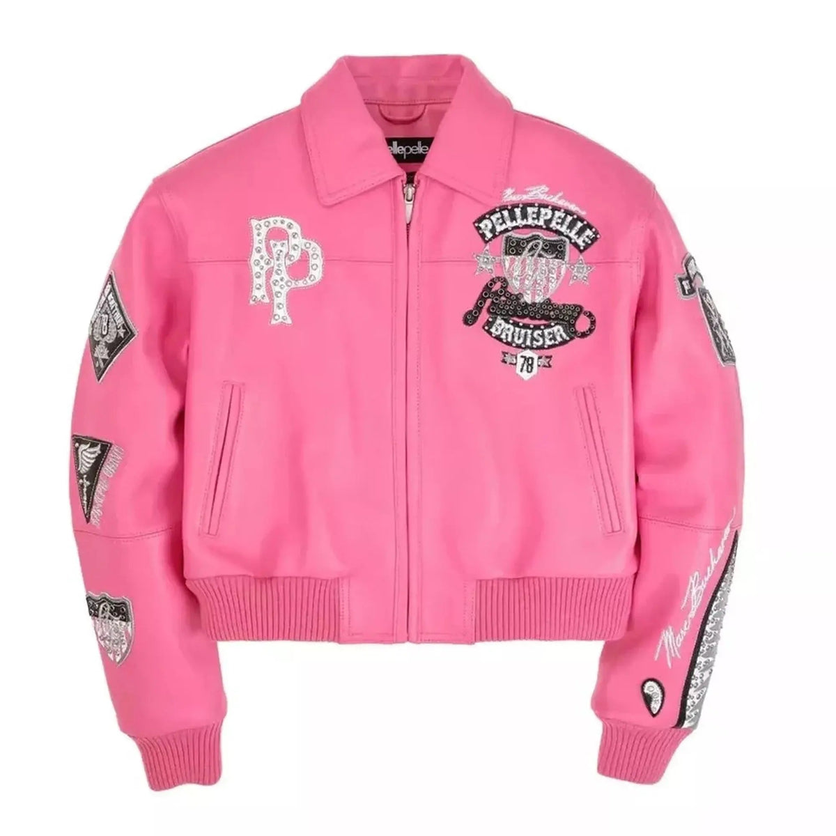 Women's American Bruiser Pink Plush Crop Leather Jacket, front view