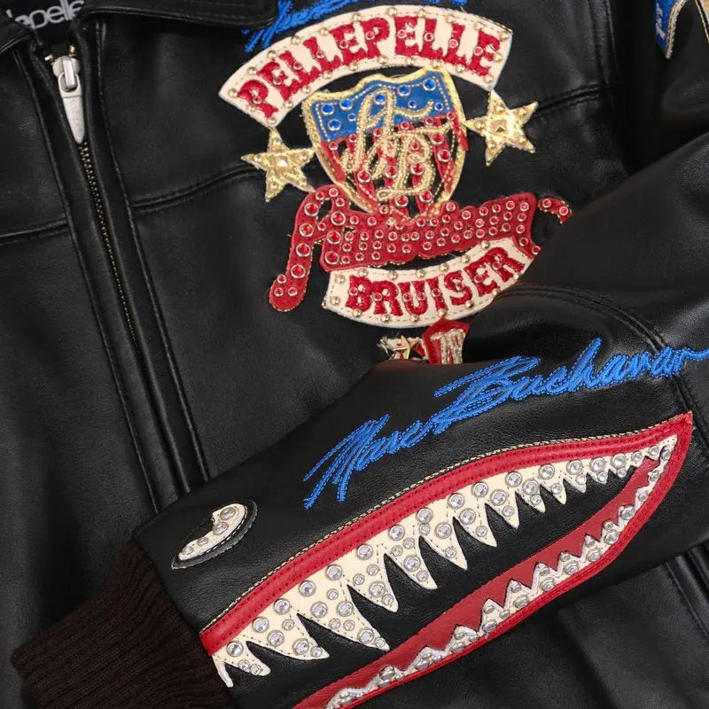 Women's Premium Black Cowhide Embroidered Bomber Leather Jacket with Style Badges & Street Patchwork, side view