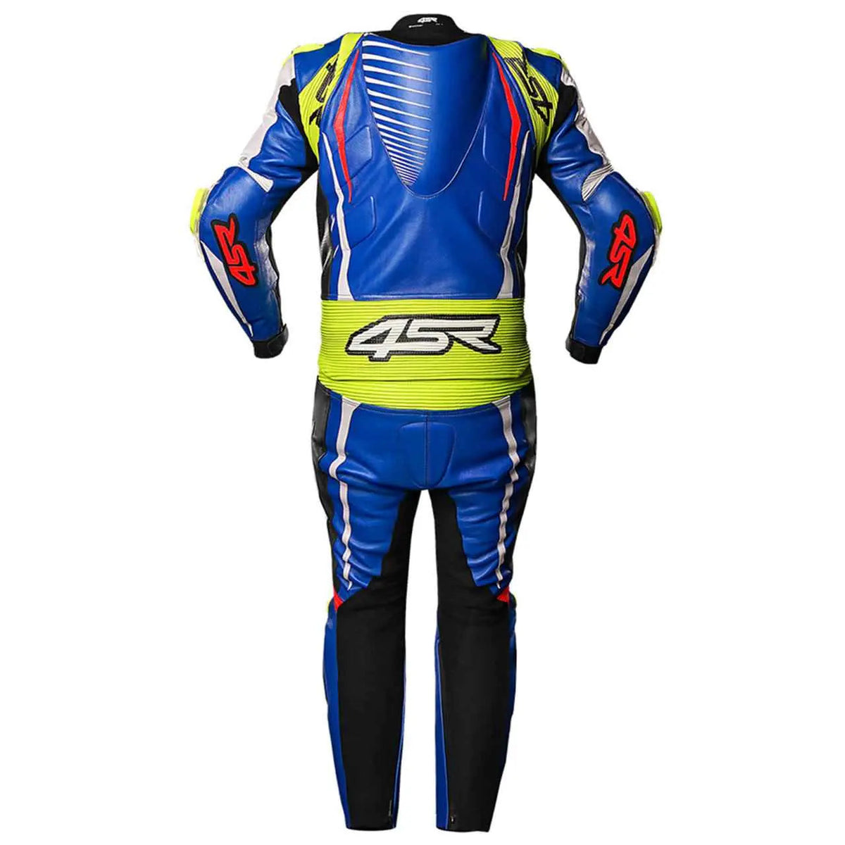 Front view of blue one-piece cowhide motorcycle racing suit with white, red and neon yellow panels and external knee sliders