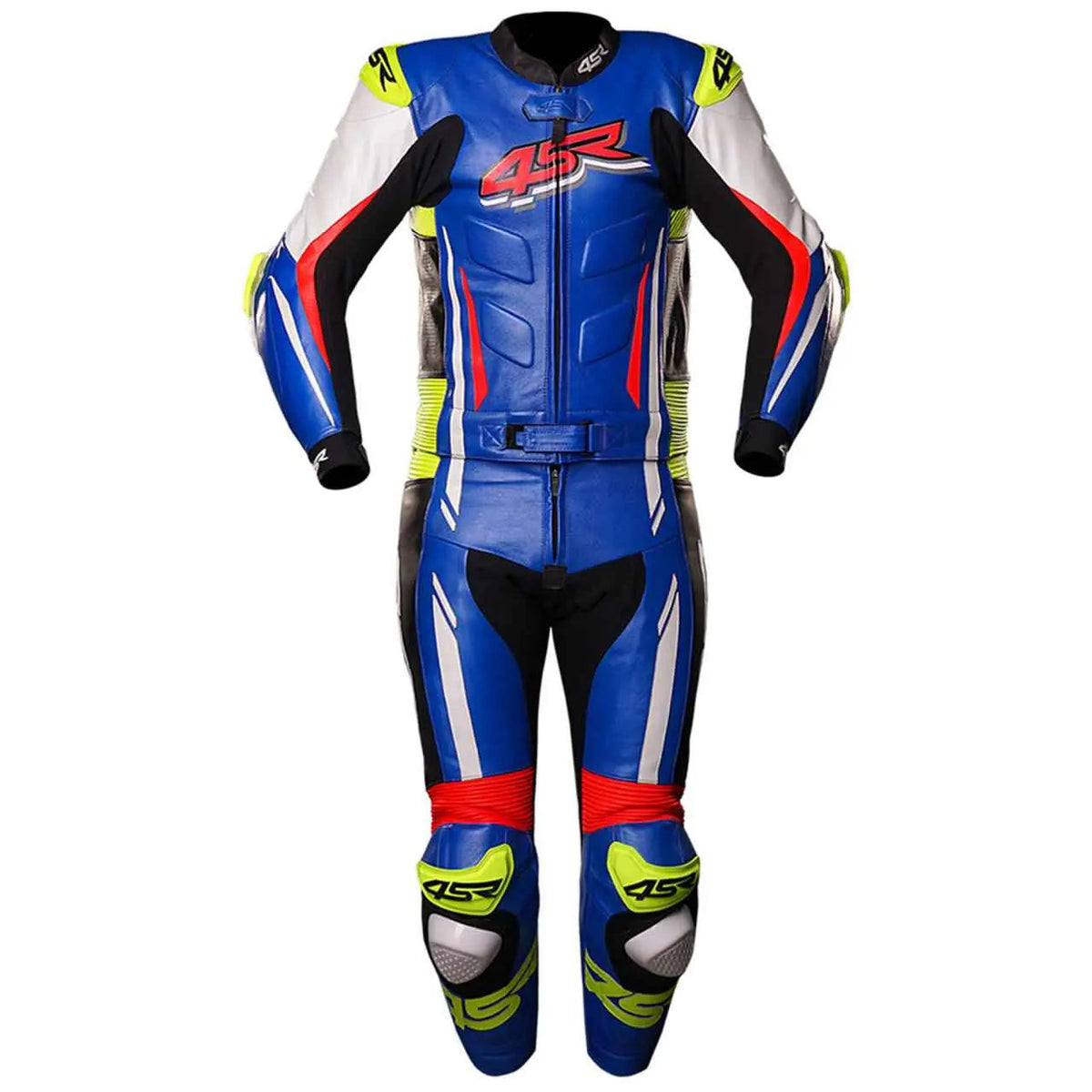 Front view of blue one-piece cowhide motorcycle racing suit with white, red and neon yellow panels and external knee sliders