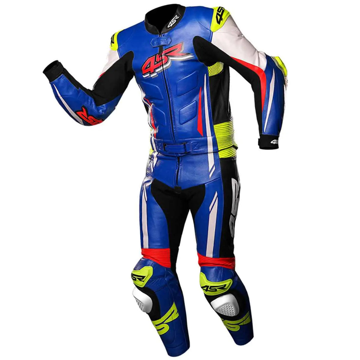 Front view of blue one-piece cowhide motorcycle racing suit with white, red and neon yellow panels and external knee sliders
