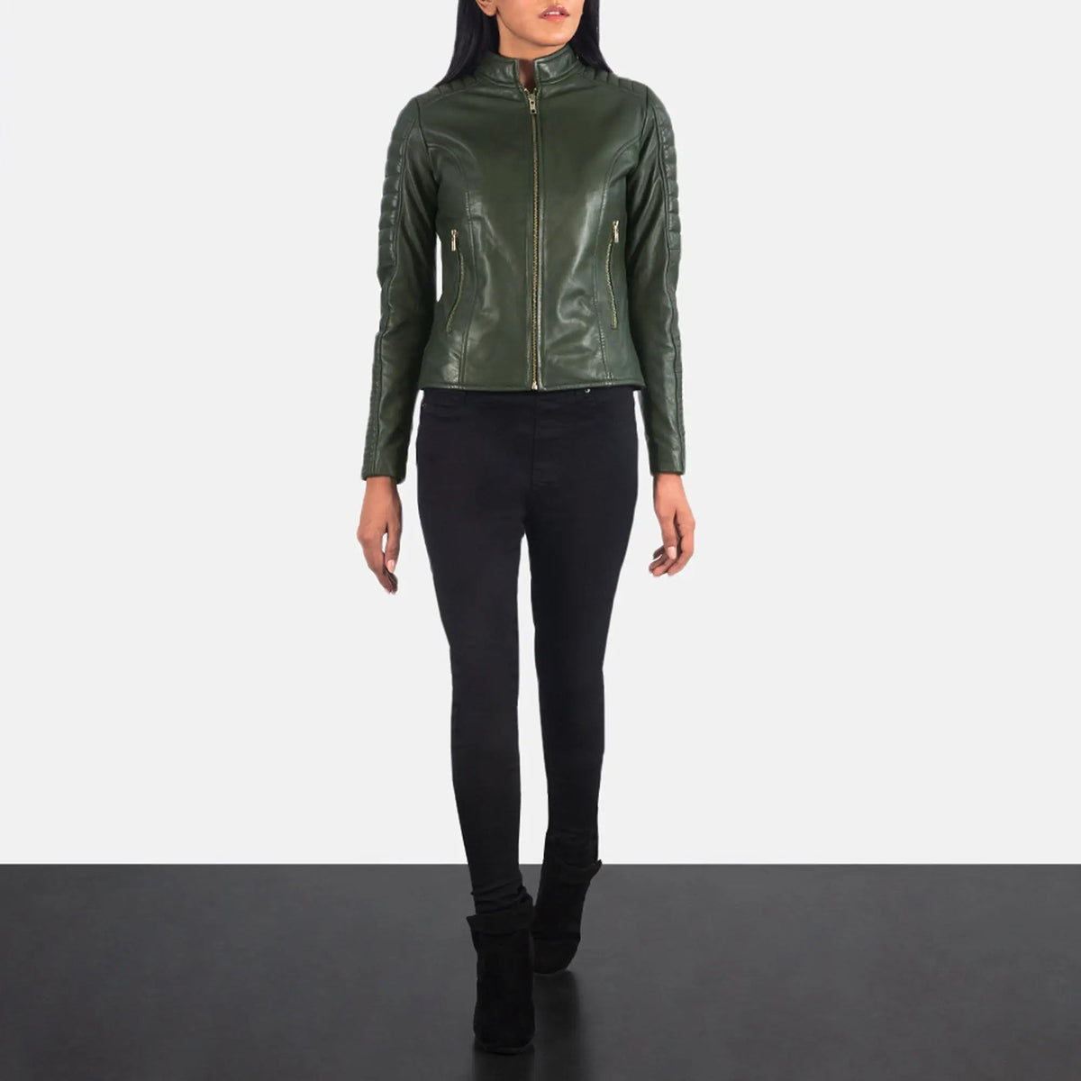 Adalyn Quilted Green Leather Biker Jacket, front view