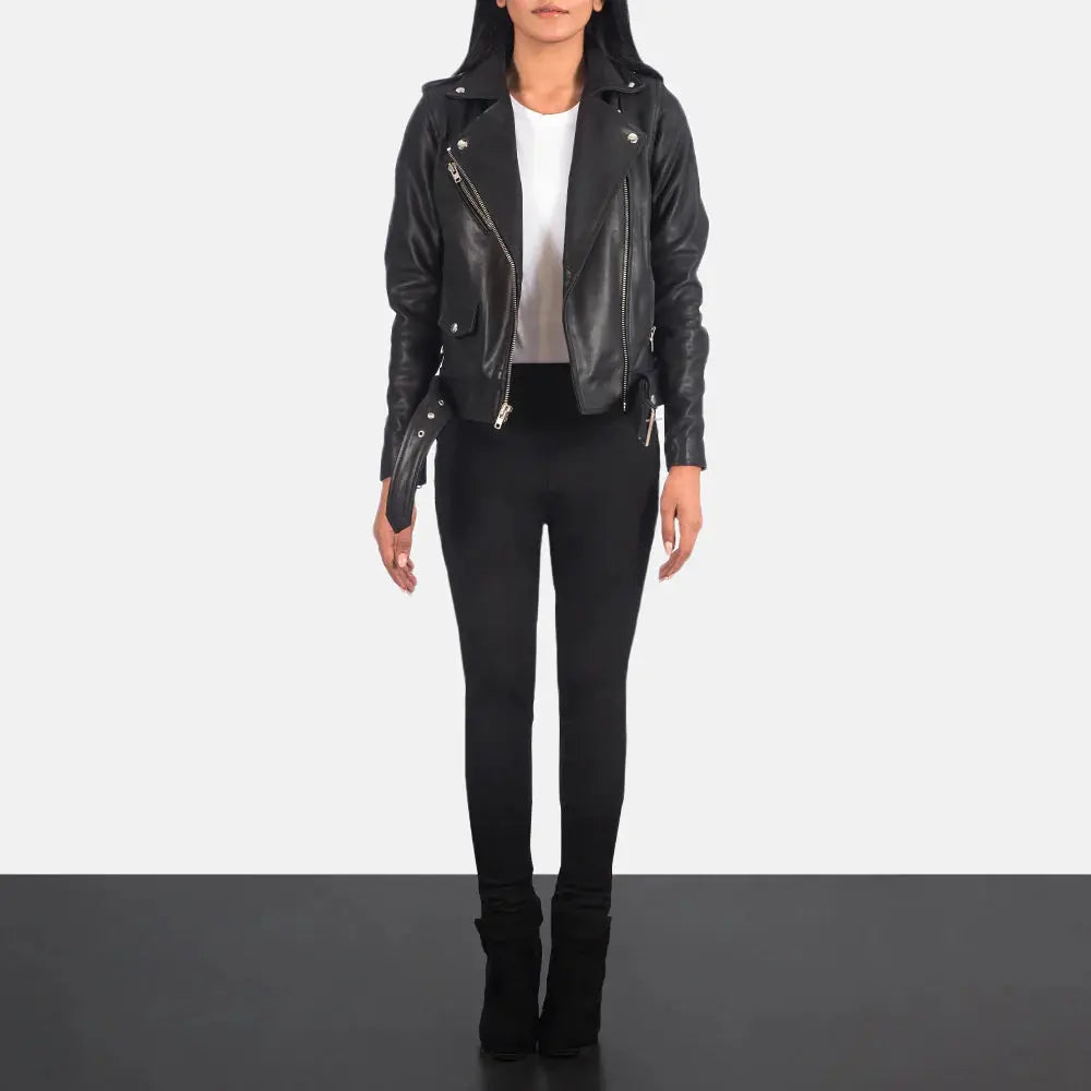 Alison Black Leather Biker Jacket, front view