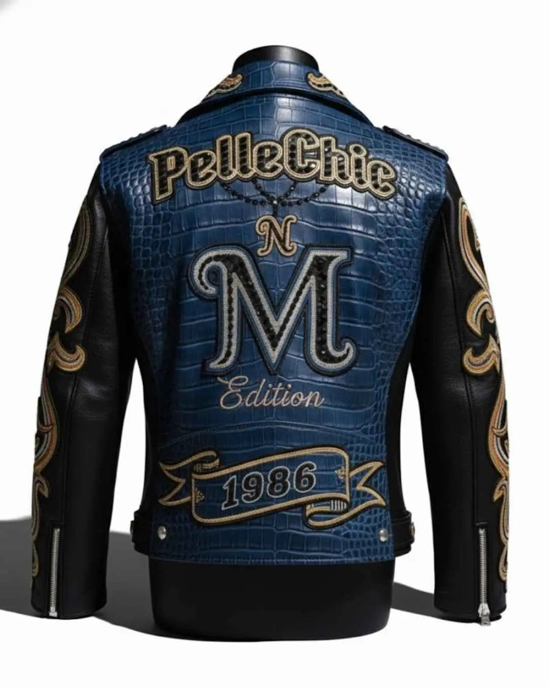 Blue Croco-Embossed Biker Jacket, front view