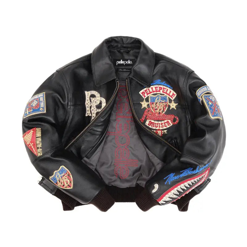 Women's American Bruiser Black Plush Crop Leather Jacket, front view
