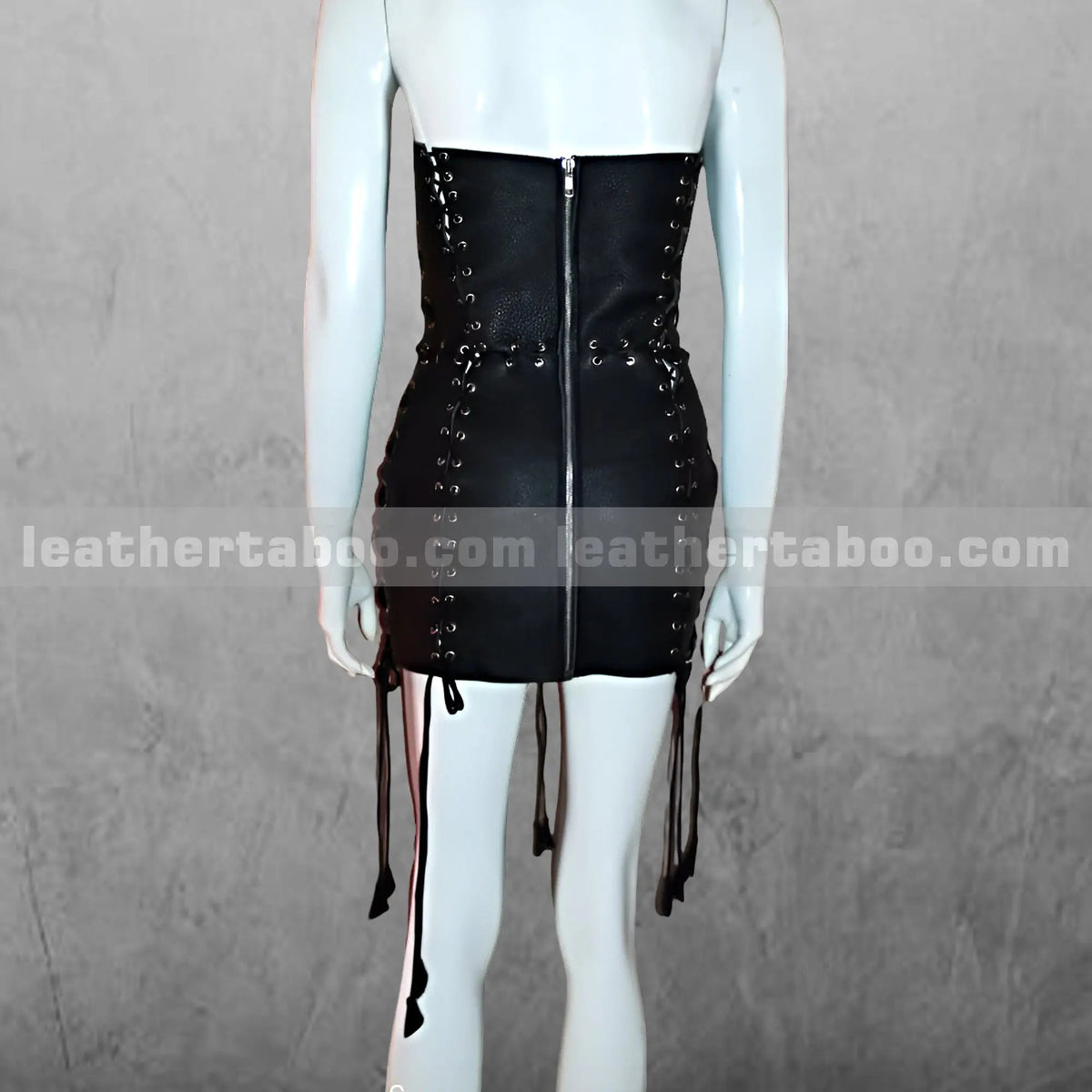 Black Leather Lace-Up Mini Dress – Strapless Gothic Corset Bodycon Dress for Women, Handmade Clubwear Outfit - Leather taboo