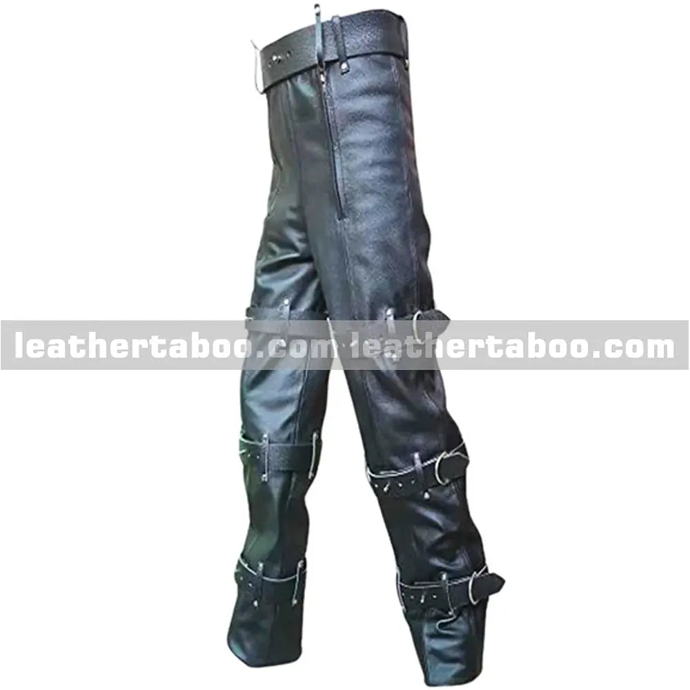 Close-up of black leather pants buckle strap hardware and belt closure showing quality metal rivets and punk aesthetic design
