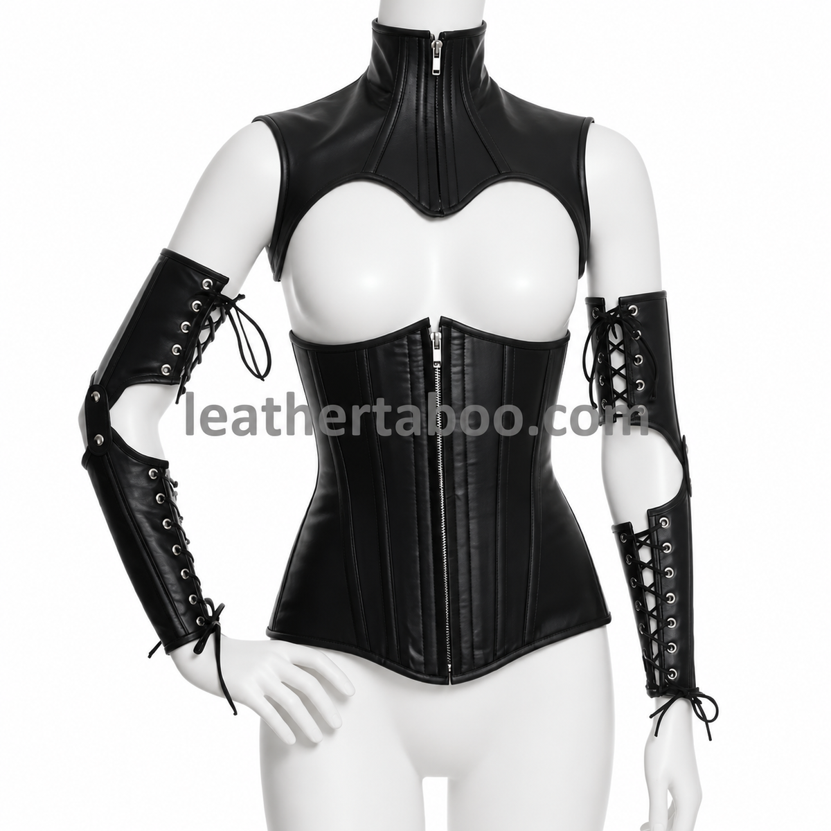 Front view of a black genuine leather corset set with a high collar, front zipper, ring detail, and lace-up arm cuffs.